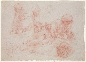 横たわる男の研究（紙に赤いチョーク） 作： Jean Antoine Watteau